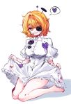  1girl barefoot blonde_hair blood blood_on_clothes breasts commentary_request ddonyaa don_quixote_(project_moon) dress e.g.o_(project_moon) eyepatch full_body heart highres i'll_go_fer_scissors._how_'bout_you?_(e.g.o) kneeling korean_commentary large_breasts limbus_company nail_(hardware) nail_in_head orange_eyes project_moon short_hair simple_background solo speech_bubble white_background white_dress 