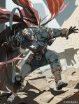  1boy blonde_hair boots captain_america captain_america_(series) clenched_teeth debris dissolving_clothes gloves highres holding holding_shield ishiwatari_daisuke jacket male_focus marvel marvel_tokon:_fighting_souls mask official_alternate_costume official_art outstretched_arm shield solo steve_rogers teeth torn_clothes 