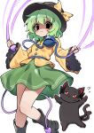  1girl absurdres animalization black_boots black_cat black_eyes black_hat boots bow buttons cat closed_mouth collared_shirt commentary_request diamond_button disembodied_linked_eye eyeball flying_sweatdrops frilled_shirt_collar frilled_sleeves frills frown green_hair green_skirt hat hat_bow highres jump_rope jumping kaenbyou_rin kaenbyou_rin_(cat) komeiji_koishi long_sleeves looking_at_viewer making-of_available medium_hair multiple_tails shaded_face shirt skirt tail touhou two_tails unagiii_0 wide_sleeves yellow_bow yellow_shirt 