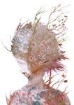  1other abstract ambiguous_gender armor branch bug cherry_blossoms closed_eyes covered_mouth cracked_mask facing_down highres mask mon_(monmon2133) original ornate_armor portrait short_hair simple_background solo white_background 