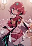  1girl apron artistic_error ass black_gloves black_thighhighs bowl breasts butt_crack closed_mouth cooking earrings english_commentary fingerless_gloves gloves headpiece highres holding holding_bowl holding_spoon jewelry large_breasts parororo pyra_(xenoblade) red_eyes red_hair red_shorts short_shorts shorts spoon standing swept_bangs thighhighs thighs tora_(xenoblade_2) white_apron xenoblade_chronicles_(series) xenoblade_chronicles_2 