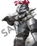  1boy anime_coloring armor artist_request belt black_gloves black_shirt broken_horns brown_belt brown_pants buckler cowboy_shot facing_ahead full_armor gloves goblin_slayer goblin_slayer! grey_armor grey_helmet hand_up helm helmet holding holding_shield holding_sword holding_weapon male_focus merchandise_available official_art over_shoulder pants plume sample_watermark second-party_source shield shirt simple_background solo standing sword sword_over_shoulder visor_(armor) watermark weapon weapon_over_shoulder white_background 