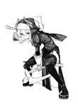  1girl axe boots bridal_gauntlets cape fighting_stance frze18 full_body garter_straps highres holding holding_weapon hood horns looking_at_viewer monochrome nun serious thighhighs weapon white_background 