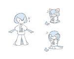  >_< 1girl alternate_color black_choker black_eyes blue_hair choker clothed_pokemon clothes_writing commentary controller dress dress_under_shirt eat_sleep_x_repeat_(meme) english_commentary english_text game_controller gamer_shirts_(meme) gardevoir gribberoni hands_on_own_head highres kirlia meme multiple_views oversized_clothes oversized_shirt pokemon pokemon_(creature) pokemon_focus shiny_pokemon shirt short_sleeves shout_lines sparkle standing t-shirt white_background white_dress white_shirt |_| 