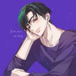  1boy alien_stage black_eyes black_shirt character_name closed_mouth commentary earrings english_text fang fang_out head_rest highres ivan_(alien_stage) jewelry k_unow looking_at_viewer male_focus purple_background red_pupils shirt signature solo thick_eyebrows three-quarter_sleeves twitter_username 