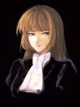  1girl annoyed ascot black_background brown_eyes brown_hair clenched_teeth commentary highres long_hair looking_to_the_side miao69401820 simple_background solo teeth umineko_no_naku_koro_ni upper_body ushiromiya_rosa v-shaped_eyebrows white_ascot 