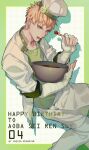  1boy bandaged_arm bandages border bridge_piercing brown_hair character_name dramatical_murder face_piercing green_border green_eyes green_shirt happy_birthday highres holding_mixing_bowl ichi_yasushi jacket labret_piercing looking_at_viewer male_focus multiple_piercings noiz_(dramatical_murder) open_clothes open_jacket outside_border piercing polka_dot polka_dot_background shirt solo t-shirt tongue tongue_out white_jacket 