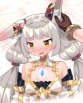  1girl animal_ear_blush animal_ear_fluff animal_ears blush breasts brown_gloves cat_ears cat_girl chest_jewel embarrassed facial_mark fang farrel_kb gloves grey_hair headpat highres long_hair low_twintails nia_(blade)_(xenoblade) nia_(xenoblade) open_mouth out_of_frame petting rex_(xenoblade) small_breasts twintails very_long_ears very_long_hair xenoblade_chronicles_(series) xenoblade_chronicles_2 yellow_eyes 