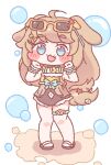  1girl animal_ears bell blue_bow blue_eyes bow brown_hair butter_(trickcal) chibi clothing_cutout commentary_request dog_ears dog_girl dog_tail eyewear_on_head fang food frilled_one-piece_swimsuit frills full_body highres long_hair merororo310 navel_cutout neck_bell one-piece_swimsuit open_mouth sandals solo standing sunglasses swimsuit tail thigh_strap trickcal 