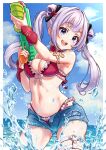  1girl :d absurdres armlet atelierorca bare_shoulders bikini black_ribbon blue_eyes blue_sky border breasts cleavage cloud commentary_request cowboy_shot day denim denim_shorts detached_collar detached_sleeves double_bun frilled_bikini frills groin hair_bun hair_intakes hair_ribbon hands_up heart heart_o-ring highres holding holding_water_gun indie_virtual_youtuber jewelry large_breasts long_hair looking_at_viewer navel o-ring ocean open_fly open_mouth outdoors purple_hair red_bikini red_nails ribbon short_shorts shorts sidelocks sky smile solo standing stomach summer swimsuit teeth tenshin_chao thigh_strap twintails variant_set virtual_youtuber water_gun white_border 