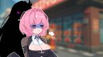  2girls :3 black_dress black_shrug breasts cleavage commentary_request dress elf elysia_(herrscher_of_human:_ego)_(honkai_impact) elysia_(honkai_impact) game_screenshot_background highres honkai_(series) honkai_impact_3rd long_hair lty-d medium_hair mihoyo multiple_girls pink_hair pointy_ears puff_of_air remielle_dan remielle_dan_(moonlight_whispers) screenshot_background shadowed shrug_(clothing) smug very_long_hair zenless_zone_zero 