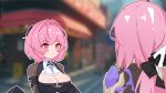  2girls black_dress black_shrug blush_stickers breasts chest_belt cleavage color_connection commentary_request company_connection dress elf elysia_(honkai_impact) elysia_(miss_pink_elf)_(honkai_impact) game_screenshot_background hair_color_connection hair_intakes highres honkai_(series) honkai_impact_3rd large_breasts long_hair looking_at_another lty-d medium_hair mihoyo multiple_girls official_alternate_costume pink_hair pointy_ears remielle_dan remielle_dan_(moonlight_whispers) screenshot_background shrug_(clothing) very_long_hair zenless_zone_zero 