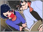  2boys amamiya_ren black_eyes blush book commentary_request glass holding holding_book jacket kitagawa_yusuke maitakepasuta male_focus multiple_boys open_book open_mouth persona persona_5 shirt sitting smile white_jacket 