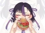  1girl absurdres black_hair blush bread_bun burger cchiii closed_eyes commentary_request earrings eating food goddess_of_victory:_nikke hair_ribbon highres holding holding_burger holding_food jewelry ketchup korean_commentary lettuce meat mole mole_under_eye multicolored_hair purple_hair purple_nails purple_ribbon ribbon shirt skirt sleeveless sleeveless_shirt solo streaked_hair syuen_(nikke) white_skirt white_streaks 