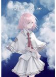  1girl absurdres blue_sky capelet closed_mouth cloud collared_shirt commentary_request cowboy_shot cross cross_print dated day dress_shirt frilled_skirt frills hair_between_eyes highres light_smile looking_ahead medium_hair miniskirt mmntmrt necktie otonashi_ayana otonashi_ayana_(subarashiki_hibi) outdoors pink_eyes pink_hair pleated_skirt print_necktie red_necktie school_uniform shirt skirt sky solo subarashiki_hibi white_capelet white_shirt white_skirt 