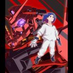  1boy blue_hair closed_mouth commentary emblem english_commentary extra_eyes gloves glowing gundam gundam_gquuuuuux highres js_71535 mecha mobile_suit purple_eyes red_eyes red_gundam robot roundel scene_reference science_fiction shuji_ito v-fin when_you_see_it zeon zero_gravity 