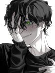  1boy biting_own_lip black_hair black_shirt blush chinese_commentary clothes_grab commentary_request crew_neck degrees_of_lewdity fingernails from_side green_eyes hair_over_one_eye hand_on_own_chest hand_on_own_face highres inverted_eyelashes kylar_(degrees_of_lewdity) kylar_(male)_(degrees_of_lewdity) long_sleeves looking_to_the_side male_focus one_eye_covered otameku parted_bangs portrait raised_inner_eyebrows sanpaku shirt short_hair sidelighting simple_background solo very_short_hair wavy_hair white_background 
