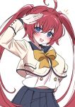  1girl ahoge blue_eyes blue_sailor_collar blue_skirt blush bow bowtie brown_jacket commentary_request hair_between_eyes hand_on_own_hip hayupipipipi highres jacket julie_stacy long_hair looking_at_viewer muv-luv muv-luv_girls_garden notice_lines open_mouth red_hair sailor_collar salute school_uniform shirt skirt solo twintails very_long_hair white_background white_shirt yellow_bow yellow_bowtie 