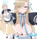  1girl absurdres apron areola_slip asuna_(blue_archive) back_bow black_dress black_shoes blonde_hair blue_archive blue_bow blue_bowtie blue_eyes blue_halo blue_ribbon bow bowtie breasts choker cleavage closed_eyes collarbone commentary dongye1551 dress grin hair_over_one_eye hair_ribbon halo headphones highres large_breasts leash long_hair looking_at_viewer maid_apron maid_headdress puffy_short_sleeves puffy_sleeves ribbon shoes short_sleeves smile solo thighhighs very_long_hair white_bow white_thighhighs 