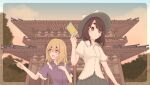  2girls ability_card_(touhou) absurdres architecture artificial_utopia_in_ruins black_skirt blonde_hair blush border breasts brown_eyes card closed_mouth cloud cloudy_sky collared_shirt commentary cowboy_shot east_asian_architecture frilled_shirt_collar frills hand_on_own_chest highres hirokazukaku holding holding_card long_hair maribel_hearn medium_breasts medium_hair multiple_girls open_mouth outdoors pagoda pointing purple_shirt shirt short_eyebrows short_sleeves skirt sky smile touhou tree usami_renko white_shirt yellow_eyes 