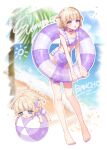  1girl absurdres akowazaki alternate_costume ball barefoot beach beachball bikini blonde_hair braid chibi choker collarbone commentary_request flat_chest full_body highres holding holding_ball holding_beachball holding_swim_ring hololive hololive_dev_is innertube looking_at_viewer multicolored_hair open_mouth palm_tree purple_bikini purple_choker purple_eyes purple_hair short_hair streaked_hair swim_ring swimsuit thigh_strap todoroki_hajime tree two_side_up virtual_youtuber 