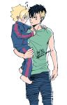  2boys :< aged_down barefoot boruto:_naruto_next_generations boruto_(series) carrying child child_carry commentary_request dated facial_mark facial_tattoo green_shirt jacket kawaki_(boruto) makio1313 male_focus multiple_boys naruto_(series) pants shirt signature sleeveless sleeveless_shirt tattoo tearing_up time_paradox track_jacket track_pants track_suit twitter_username undercut uzumaki_boruto whisker_markings 