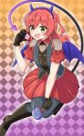  1girl black_boots black_gloves blush bocchi_the_rock! boots cleavage_cutout clothing_cutout commentary demon_horns demon_tail demon_wings dress dress_under_shirt fake_horns frilled_dress frilled_sleeves frills full_body gloves green_eyes hair_between_eyes hairband happy heart highres horn_hairband horns kita_ikuyo knee_boots lace-up_boots long_hair looking_at_viewer one_side_up open_mouth pleated_dress purple_horns purple_tail purple_wings red_dress red_hair short_sleeves sidelocks sim_evo simple_background smile solo tail wings 
