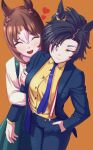  2girls ^_^ air_shakur_(umamusume) alternate_costume animal_ears arm_at_side arm_hug black_hair black_jacket black_pants blue_necktie brown_hair buttons closed_eyes closed_mouth clover_hair_ornament collared_shirt commentary_request cowboy_shot dress_shirt ear_ornament eyebrow_piercing eyebrows_hidden_by_hair face_piercing fine_motion_(umamusume) fingernails frills furrowed_brow green_skirt hair_ornament hair_over_one_eye hand_in_pocket happy highres horse_ears jacket long_sleeves looking_at_another multicolored_hair multiple_girls nail_polish necktie ohmi-wisteria open_clothes open_jacket open_mouth orange_background pants piercing pocket raised_inner_eyebrows red_nails shirt simple_background skirt smile suspenders two-tone_hair umamusume white_hair white_shirt wing_collar yellow_eyes yellow_shirt yuri 