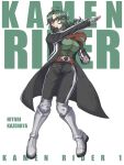  1girl antenna_hair armored_boots belt black_coat black_pants boots breasts character_name clenched_hand closed_mouth coat collared_shirt commentary copyright_name fingerless_gloves full_body gloves green_hair green_shirt grey_boots grey_gloves hair_between_eyes henshin_pose highres jinri_shijie kamen_rider kamen_rider_(1st_series) kamen_rider_1 knee_armor large_breasts long_hair long_sleeves looking_to_the_side low-tied_long_hair neckerchief pants red_belt red_eyes red_neckerchief rider-tan rider_belt shirt simple_background solo tokusatsu white_background 