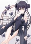  1girl absurdres bare_legs bare_shoulders black_butterfly black_hair black_jacket blue_archive blue_eyes breasts breasts_apart bug butterfly chinese_clothes closed_mouth collarbone collared_dress commentary covered_navel cowboy_shot double_bun dress dutch_angle grey_halo groin hair_bun halo head_tilt high_collar highres jacket kisaki_(blue_archive) light_blush long_hair looking_at_viewer no_panties off_shoulder open_clothes open_jacket pinstripe_jacket pinstripe_pattern qipao sleeveless sleeveless_dress small_breasts smile solo split_mouth white_background wrightia 