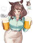  1girl :d alcohol animal_ears beer beer_mug belt blush breasts brown_hair brown_skirt closed_mouth commentary cowboy_shot cup ear_ornament english_commentary green_shirt hair_ornament hairclip highres holding holding_cup horse_ears horse_girl icoo large_breasts light_hello_(umamusume) long_sleeves medium_hair mug pencil_skirt pink_belt reference_inset shirt simple_background skirt smile solo speech_bubble umamusume umapyoi_(phrase) white_background 