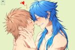  2boys blue_hair blush brown_eyes closed_eyes closed_mouth collarbone commentary_request completely_nude dramatical_murder face-to-face facing_another fingernails from_side hands_on_another's_neck heart highres kuwa_ayase long_hair male_focus multiple_boys noiz_(dramatical_murder) nude parted_lips seragaki_aoba short_hair simple_background smile sweat teeth upper_body yaoi 