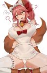  1girl ? absurdres animal_ears animal_hands apron blush bow breasts brown_gloves brown_shoes brown_tail cat_hair_ornament cat_paw collar commentary_request covered_nipples fang fate/grand_order fate_(series) fox_ears fox_girl fox_tail frilled_apron frills gloves hair_between_eyes hair_bow hair_ornament highres large_breasts long_hair maid_headdress mienishi_kou open_mouth panties paw_gloves paw_shoes pink_hair red_bow red_collar shoes simple_background single_thighhigh smile solo sweat tail tamamo_cat_(fate) tamamo_cat_(third_ascension)_(fate) thighhighs thighs underwear white_apron white_background white_panties white_thighhighs yellow_eyes 