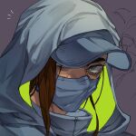  1girl alien_stage brown_hair commentary_request dark-skinned_female dark_skin grey_background grey_eyes grey_hoodie grey_mask highres hood hood_up hoodie hyuna_(alien_stage) k_unow korean_commentary mask mouth_mask notice_lines solo thick_eyebrows 