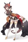  1girl 5uj0 absurdres animal_ears asymmetrical_footwear bare_shoulders blush braid braided_hair_rings breasts brown_hair commentary_request corset detached_sleeves dress ear_covers ear_ornament gentildonna_(regina_dei_fiori)_(umamusume) gentildonna_(umamusume) gloves hair_between_eyes hair_ornament hair_rings heart-shaped_ornament heart_ear_ornament highres horse_ears horse_girl horse_tail large_breasts leaning_forward long_hair looking_at_viewer mismatched_footwear one_eye_closed parted_lips red_corset red_eyes see-through_cleavage see-through_clothes shoes smile solo tail thighhighs umamusume white_gloves white_thighhighs 