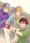  3boys absurdres belt belt_buckle blonde_hair blue_eyes brown_eyes brown_hair buckle cellphone closed_mouth collared_shirt commentary_request couch ensemble_stars! floral_print grey_hair hair_between_eyes hakaze_kaoru highres holding holding_phone jacket jewelry long_hair long_sleeves male_focus morisawa_chiaki multiple_boys necklace on_couch open_clothes open_collar open_jacket open_mouth pants phone sena_izumi_(ensemble_stars!) shirt short_hair short_sleeves sitting smartphone smile split_mouth star_(symbol) unbuttoned watch wing_collar wristwatch yellow_eyes yuki_suzume 