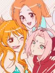  3girls bare_shoulders bikini bleach bleach:_sennen_kessen-hen breasts brown_eyes cleavage closed_mouth commentary crossover earrings green_bikini green_eyes hair_ornament hairband hairclip haruno_sakura highres inoue_orihime jewelry konohagakure_symbol large_breasts looking_at_another multiple_crossover multiple_girls nami_(one_piece) naruto_(series) naruto_shippuuden one_eye_closed one_piece open_mouth orange_hair p_tlnfinder parted_bangs pink_hair red_hairband shounen_jump sidelocks sleeveless stud_earrings swimsuit tongue tongue_out untranslatable_commentary upper_body wavy_hair 