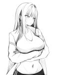  1girl absurdres akane_lize blush breasts cleavage closed_mouth commentary_request cowboy_shot crop_top cross cross_earrings crossed_arms earrings greyscale highres jacket jewelry korean_commentary large_breasts lineart lisian looking_to_the_side monochrome navel open_clothes open_jacket pants simple_background solo sports_bra stellive stomach v-shaped_eyebrows virtual_youtuber 