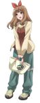  1girl :d anime_coloring artist_request bag bag_charm blonde_hair brown_hair brown_shirt cardigan charm_(object) collarbone commentary_request full_body green_eyes hair_ribbon hibike!_euphonium highres holding holding_bag jacket long_hair looking_to_the_side official_art open_cardigan open_clothes open_mouth pants purple_eyes ribbon shirt shoes simple_background smile solo standing thick_eyebrows torn_clothes torn_pants v_arms white_background yoshikawa_yuuko 