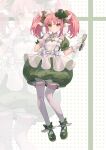  1girl amulet_clover ankle_bow anklet apron bow bubble_skirt closed_mouth club_(shape) collared_dress contrast_collar crumbs dot_nose dress eyelashes finger_to_cheek frilled_apron frilled_dress frilled_sleeves frills full_body gloves green_bow green_dress green_shoes hair_bow hair_ornament happy highres hinamori_amu holding holding_whisk humpty_lock_(shugo_chara!) jewelry knees light_blush light_smile magical_girl maid maid_headdress mary_janes medium_hair miix777 pink_hair puffy_short_sleeves puffy_sleeves shoes short_dress short_sleeves shugo_chara! skirt solo standing tareme thighhighs third-party_source twintails whisk white_apron white_background white_gloves white_thighhighs wing_hair_ornament winged_shoes yellow_eyes zoom_layer 