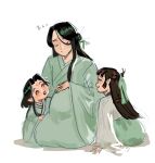  1girl 2boys :d blunt_bangs blush bob_cut bow brown_hair child chinese_clothes closed_eyes closed_mouth curtained_hair family family_bonding fang father_and_child father_and_daughter father_and_son flower green_bow green_eyes green_hair green_hanfu hair_between_eyes hair_bow hair_bun hand_on_own_stomach hanfu highres kneeling lily_of_the_valley long_hair long_hair_between_eyes long_sleeves looking_at_another male_focus male_pregnancy manonnym117 multiple_boys one_side_up parent_and_child parted_bangs pregnant red_eyes shadow shen_qingqiu short_hair short_hair_with_long_locks simple_background single_side_bun sitting smile teeth the_scum_villain's_self-saving_system upper_teeth_only very_long_hair white_background white_flower wide_sleeves zuiyin zzz 