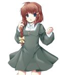  1girl 2000s_(style) 4chan :p blue_eyes bow brown_hair buttons christ-chan clenched_hand closed_mouth collared_shirt cross cross_necklace drawfag dress faux_retro_artstyle green_hair hair_bow hair_ornament hairclip highres holding_own_hair jewelry looking_at_viewer necklace pinafore_dress shirt simple_background sleeveless sleeveless_dress smile solo tongue tongue_out white_background white_shirt yellow_bow 