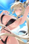  1girl animal_ears arm_up armpits artist_name bare_arms bare_shoulders beach black_slingshot_swimsuit blonde_hair blue_eyes blue_flower blue_rose blue_sky breasts cat_ears cat_girl cat_tail cleavage closed_mouth cloud collarbone commentary crescent crescent_hair_ornament crown dated day eyes_visible_through_hair floating_crown floating_hair flower full_cleavage groin hair_between_eyes hair_ornament hair_over_one_eye halterneck hand_up highres iseri_(meridian_project) large_breasts lens_flare light_particles long_hair looking_at_viewer meridian_project mole mole_on_thigh nail_polish navel outdoors pink_nails presenting_own_armpit rose sideboob sidelocks single_hair_intake sky slingshot_swimsuit smile solo standing star_(symbol) stomach sunlight sushih_(20) swimsuit tail thighs untranslatable_commentary very_long_hair virtual_youtuber 