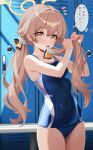  1girl absurdres blue_archive blue_one-piece_swimsuit blush brown_hair closed_mouth commentary_request covered_navel cowboy_shot double-parted_bangs hair_tie_in_mouth halo hands_up hifumi_(blue_archive) hifumi_(swimsuit)_(blue_archive) highres indoors karaage_(xxxmido02) locker locker_room long_hair looking_at_viewer low_twintails mouth_hold notice_lines one-piece_swimsuit school_swimsuit solo speech_bubble standing swimsuit thought_bubble translation_request trinity_general_school_swimsuit twintails tying_hair wavy_hair yellow_eyes yellow_halo 