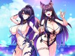  2girls animal_ear_fluff animal_ears armpits au_ra bell bikini black_hair black_one-piece_swimsuit bracelet breasts brown_eyes brown_hair cleavage closed_mouth commission double_fox_shadow_puppet dragon_horns dragon_tail eyebrows_hidden_by_hair final_fantasy final_fantasy_xiv fox_ears fox_girl fox_shadow_puppet fox_tail groin hair_between_eyes hand_on_own_hip highres horns jewelry jingle_bell large_breasts long_hair looking_at_viewer multiple_girls navel neck_bell one-piece_swimsuit open_mouth original ponytail samael_(5211) sapphira_nyx scales slit_pupils smile stomach swimsuit tail vaerezyr_(character) warrior_of_light_(ff14) wet white_bikini 