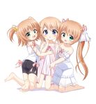  3girls absurdres arizuki_shiina ass bare_shoulders barefoot bell bike_shorts black_shorts blue_eyes blush brown_hair camisole commentary_request commission commissioner_upload crossover derivative_work dress feet girl_sandwich green_eyes hair_bell hair_ornament hairclip hand_on_another's_chest hand_on_another's_shoulder hand_on_another's_thigh highres hug kneeling kneepits kud_wafter little_busters! long_hair looking_at_viewer mogura2009 multiple_girls nanami_to_konomi_no_oshiete_abc nishimura_konomi nishimura_nanami official_art_redraw open_mouth pantylines pink_dress pink_ribbon quad_tails ribbon sandwiched short_dress short_hair shorts siblings sisters skeb_commission smile soles sundress thighs toes twins twintails two_side_up white_camisole white_dress 