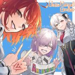  3girls ahoge anniversary breasts brown_eyes ca_(ca_gemini) closed_eyes closed_mouth command_spell commentary copyright_name earrings facing_viewer fate/grand_order fate_(series) fujimaru_ritsuka_(female) fujimaru_ritsuka_(female)_(normal_chaldea_uniform) glasses high-waist_skirt highres jewelry light_smile long_hair long_sleeves looking_at_viewer mash_kyrielight mash_kyrielight_(chaldea_uniform) medium_breasts multiple_girls necktie notice_lines olga_marie_animusphere olga_marie_animusphere_(unbeast) open_mouth orange_hair purple_hair round_eyewear short_hair single_sidelock skirt smile untranslatable_commentary very_long_hair white_hair white_necktie wing_collar 