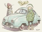  0_0 2girls beanie black_coat black_hair black_pantyhose blonde_hair blue_car blue_scarf boots brown_socks car coat cold commentary fringe_trim fur-trimmed_hood fur_trim green_coat grey_background grey_boots hands_in_pockets hat hood hood_down hood_up hooded_coat katsura_himeko kuroe_tsubaki looking_at_viewer looking_to_the_side motor_vehicle multiple_girls pantyhose pun red_hat red_sweater ribbed_socks saab saab_92 scarf scarf_over_mouth sekihan signature simple_background socks speech_bubble standing striped_clothes striped_scarf sweater swedish_flag translated turtleneck turtleneck_sweater two-tone_scarf yellow_scarf zesshaka!_shiritsu_yotsuwa_joshi_gakuin_zetsumetsu_kigu-sha_gakka 