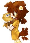  1girl 482egg animal_ears animal_nose bandaid bandaid_on_arm blush borrowed_character brown_eyes brown_hair commission dog_ears dog_girl dog_tail egg_hair_ornament fang food-themed_hair_ornament freckles furry furry_female hair_ornament highres holding holding_stuffed_toy long_shirt low_twintails one_eye_closed original pantyhose shirt short_twintails spongebob_squarepants spongebob_squarepants_(series) striped_clothes striped_pantyhose stuffed_toy tail tail_wagging twintails white_background yellow_shirt 