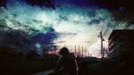  1boy blue_hair blue_jacket building commentary_request danderaion dark dramatical_murder from_behind hood hood_down hooded_jacket jacket male_focus moon night outdoors power_lines seragaki_aoba short_hair sky solo star_(sky) starry_sky utility_pole 